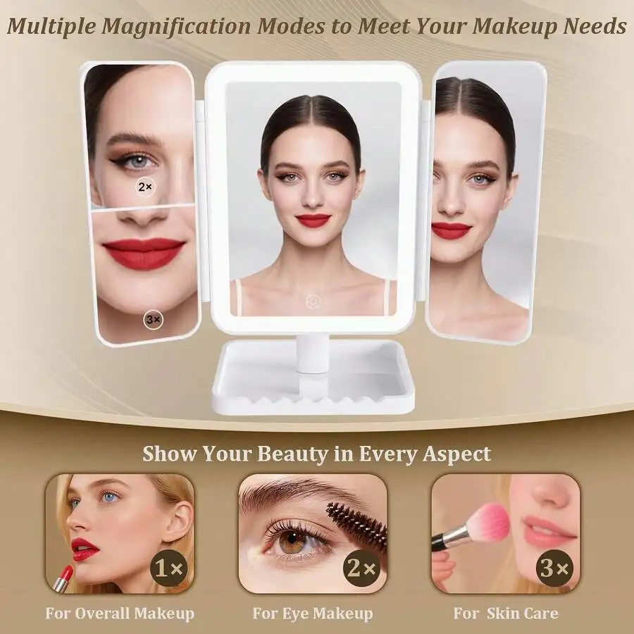 Tri-Fold Makeup Mirror With LED Lights 3 Magnification Levels 360° Rotation
Tri-Fold Makeup Mirror With LED Lights 3 Magnification Levels 360° Rotation