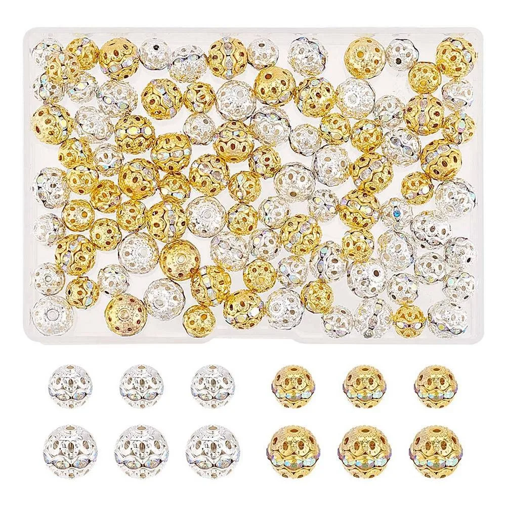 100Pcs 4 Styles Alloy with Rhienstone Beads Round Golden Silver 8~10x7.5~9mm Hole: 1~1.2mm 25Pcs/style
100Pcs 4 Styles Alloy with Rhienstone Beads Round Golden Silver 8~10x7.5~9mm Hole: 1~1.2mm 25Pcs/style