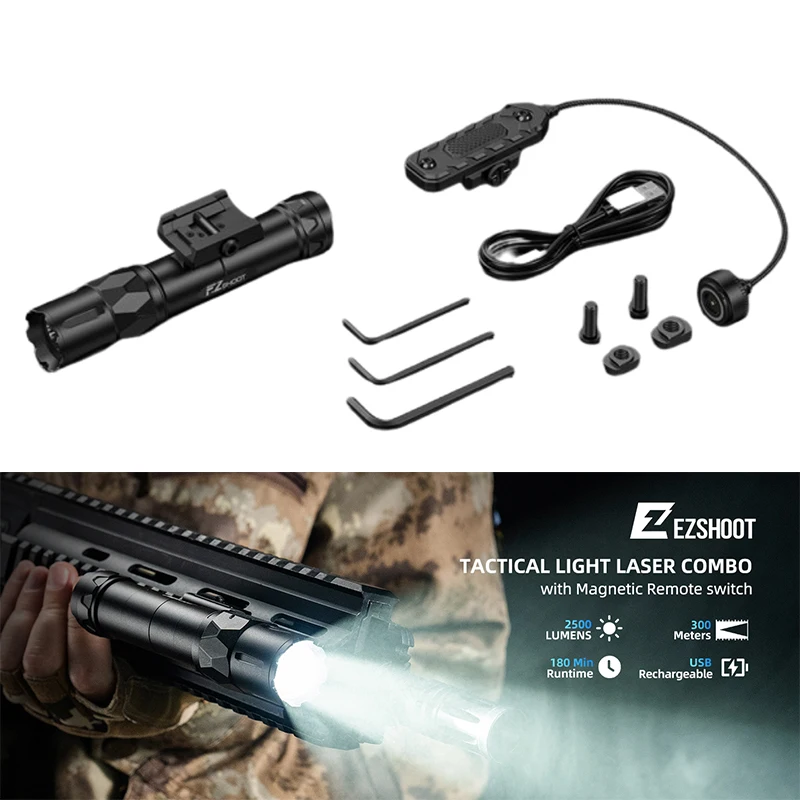 EZshoot 2500 Lumens Tactical Rifle Flashlight LED Light with Magnetic Remote Switch Compatible with Picatinny Rail Strobe Mode
EZshoot 2500 Lumens Tactical Rifle Flashlight LED Light with Magnetic Remote Switch Compatible with Picatinny Rail Strobe Mode