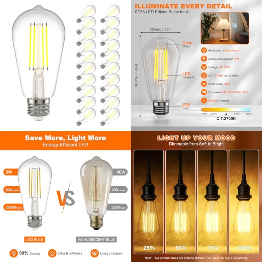 E26 LED Edison Bulbs: 6W Equivalent 60 Watt Dimmable LED Light Bulbs - Warm Lights 2700k 800 Lumens High Brightness Filament Bu
E26 LED Edison Bulbs: 6W Equivalent 60 Watt Dimmable LED Light Bulbs - Warm Lights 2700k 800 Lumens High Brightness Filament Bu