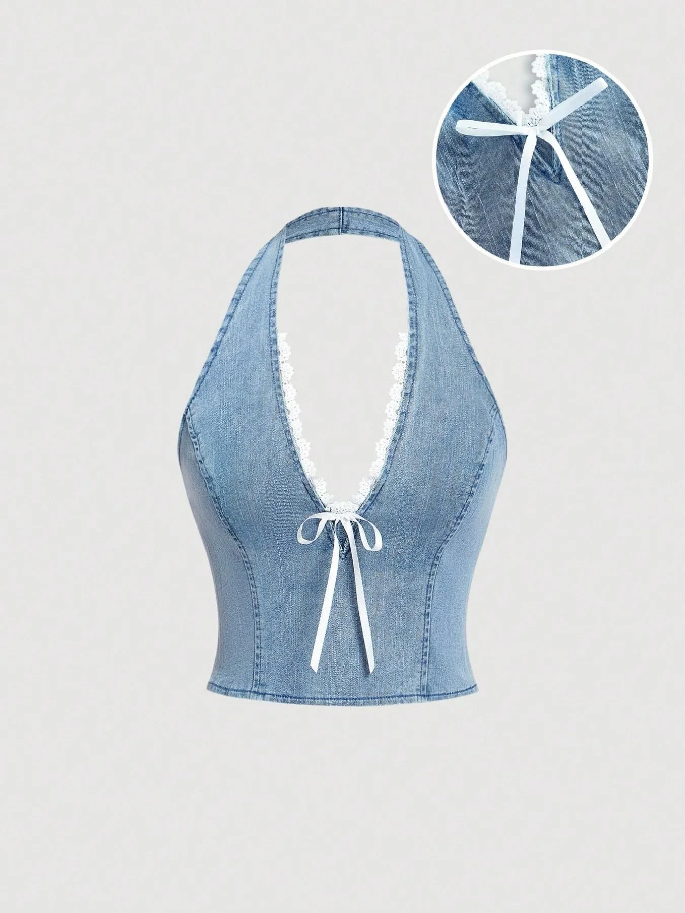 Women's Y2K Denim Halter Top, Vintage Lace Trim V Neck Backless Crop Top, Summer Sleeveless Tie Front Camisole for Casual Street
Women's Y2K Denim Halter Top, Vintage Lace Trim V Neck Backless Crop Top, Summer Sleeveless Tie Front Camisole for Casual Street