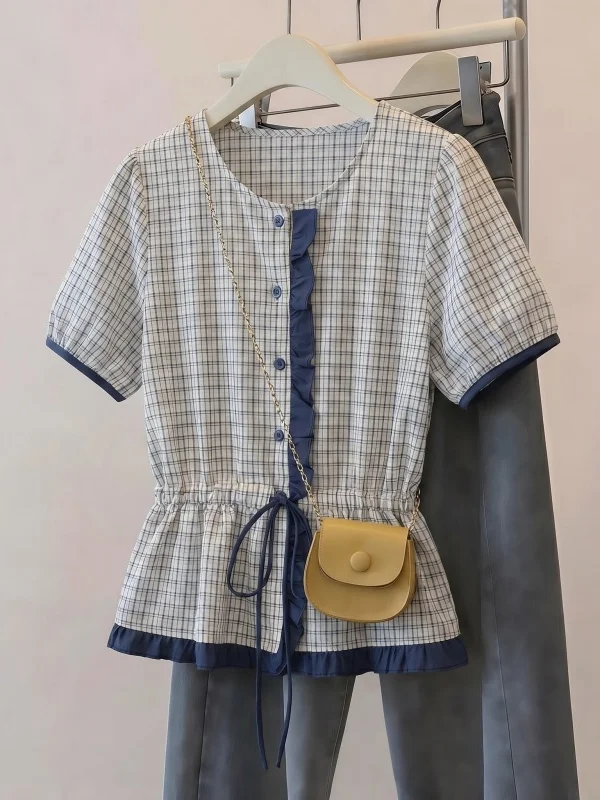 Summer New Plaid Short Sleeve Shirt Women's Large Size Doll Shirt Drawstring Waist in Korean Style Bubble Sleeve Regular Thic...
Summer New Plaid Short Sleeve Shirt Women's Large Size Doll Shirt Drawstring Waist in Korean Style Bubble Sleeve Regular Thic...