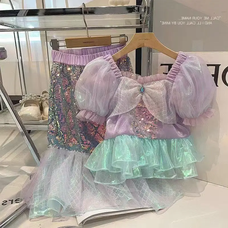 2025 Mermaid Outfit for Girls Bubble Sleeve Short Sleeve Summer Set with Sequins Trendy 90-140cm Kids Outfits
2025 Mermaid Outfit for Girls Bubble Sleeve Short Sleeve Summer Set with Sequins Trendy 90-140cm Kids Outfits