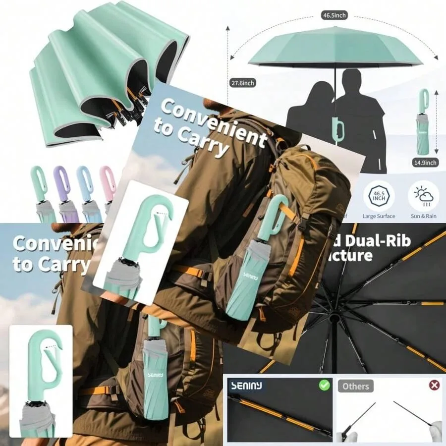 Seniny Travel Umbrella With Carabiner Handle Windproof Large Umbrellas For Rain With Dual-Rib Structure Portable Compact Umbrel
Seniny Travel Umbrella With Carabiner Handle Windproof Large Umbrellas For Rain With Dual-Rib Structure Portable Compact Umbrel