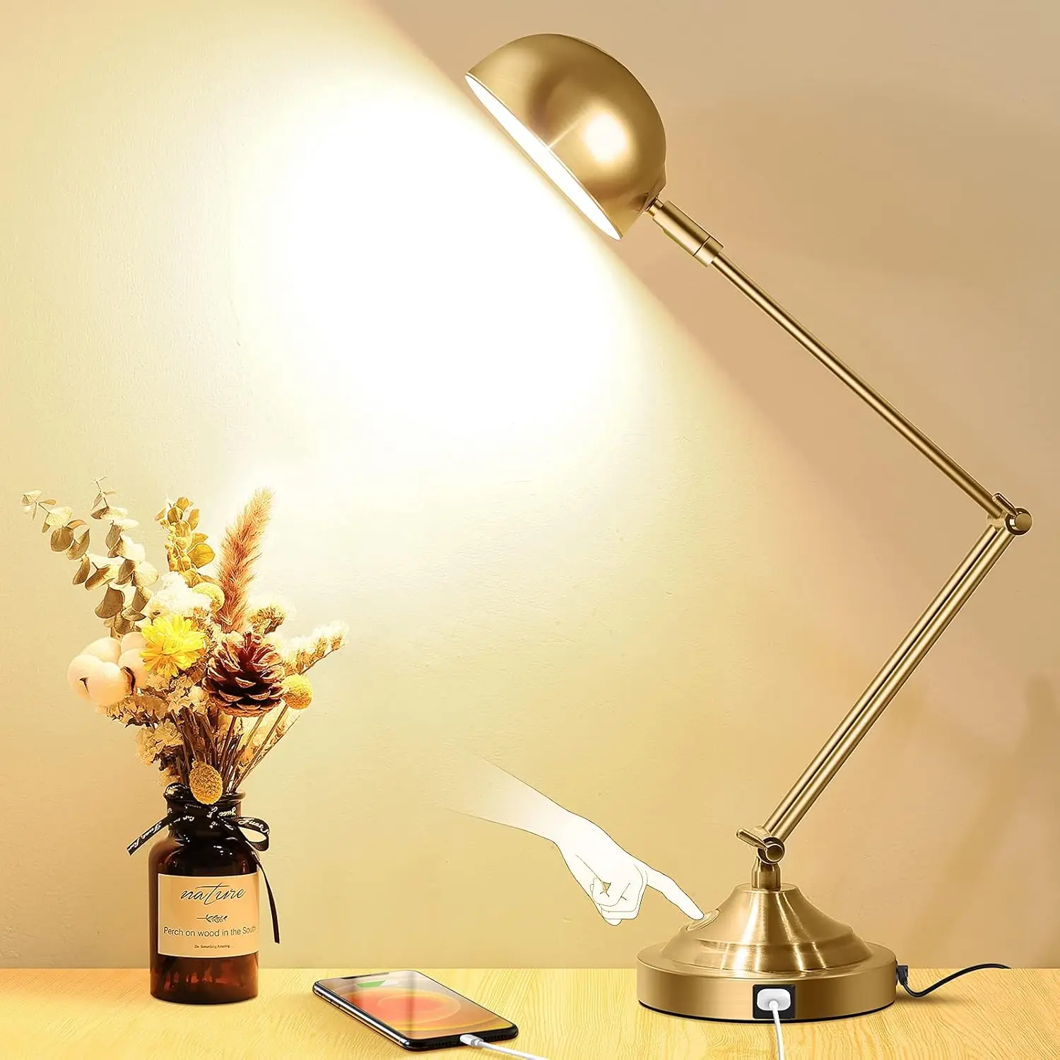 Gold Desk Lamp Dimmable with USB Port, Touch Control Vintage Reading Light, 3 Color Modes, Adjustable Brass Desk Lamp for Home Office
Gold Desk Lamp Dimmable with USB Port, Touch Control Vintage Reading Light, 3 Color Modes, Adjustable Brass Desk Lamp for Home Office