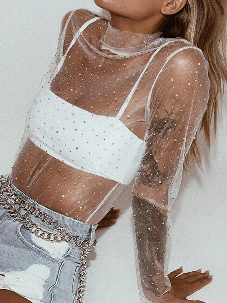 Womens Sheer Mesh Long Sleeve Top With Mock Neck Rhinestone Detail Party Fashion Tee
Womens Sheer Mesh Long Sleeve Top With Mock Neck Rhinestone Detail Party Fashion Tee