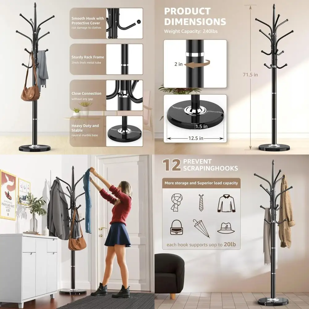 Sturdy Metal Coat Rack with Marble Base, 12-Hook Freestanding Tree for Various Spaces
Sturdy Metal Coat Rack with Marble Base, 12-Hook Freestanding Tree for Various Spaces