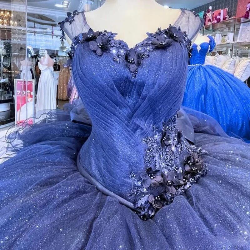 Shiny Dark Blue Quinceanera Dress Sequins Decal Lace Long tail 3D Flower off-shoulder Bow Vestidos De 15 Quinceanera Customize
Shiny Dark Blue Quinceanera Dress Sequins Decal Lace Long tail 3D Flower off-shoulder Bow Vestidos De 15 Quinceanera Customize