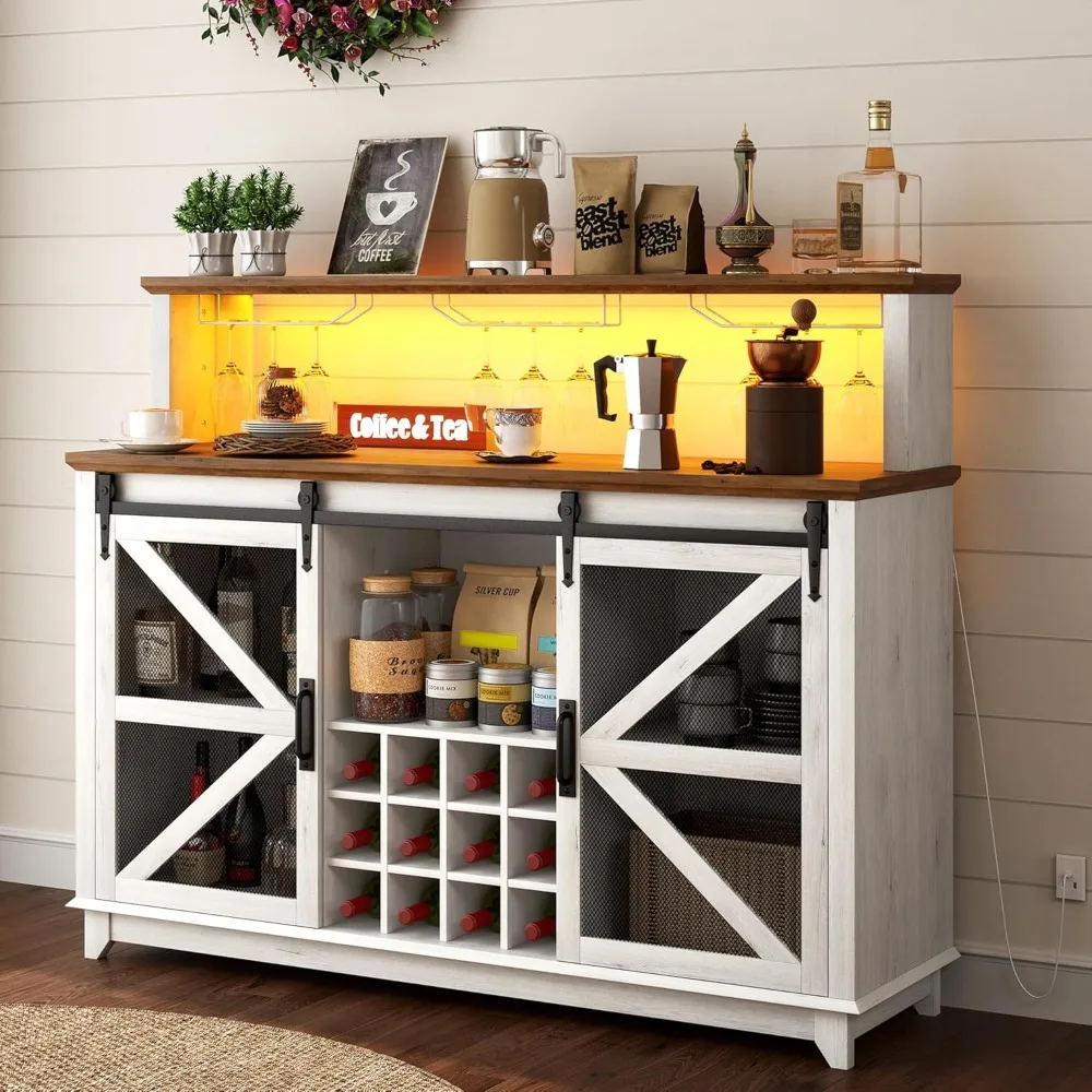Farmhouse Coffee Bar Cabinet with Smart App Control LED Lights, 55" Wine Bar Cabinet with 12-Bottle Rack, Glass Holder, Kitchen
Farmhouse Coffee Bar Cabinet with Smart App Control LED Lights, 55" Wine Bar Cabinet with 12-Bottle Rack, Glass Holder, Kitchen