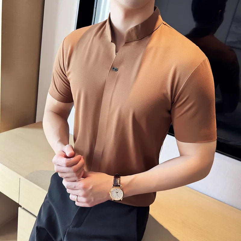 2024 Summer Chinese Stand Up Collar With No trace T-shirt Elasticity Ice Silk Polo Shirts Thin Short Sleeves Casual Loose Tees
2024 Summer Chinese Stand Up Collar With No trace T-shirt Elasticity Ice Silk Polo Shirts Thin Short Sleeves Casual Loose Tees