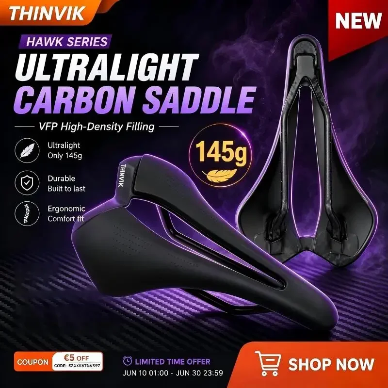 THINVIK HAWK Carbon Fiber Bike Saddle 145g Ultralight 145×242mm Rail Ergonomic Hollow Anti-Pressure Bicycle Seat
THINVIK HAWK Carbon Fiber Bike Saddle 145g Ultralight 145×242mm Rail Ergonomic Hollow Anti-Pressure Bicycle Seat