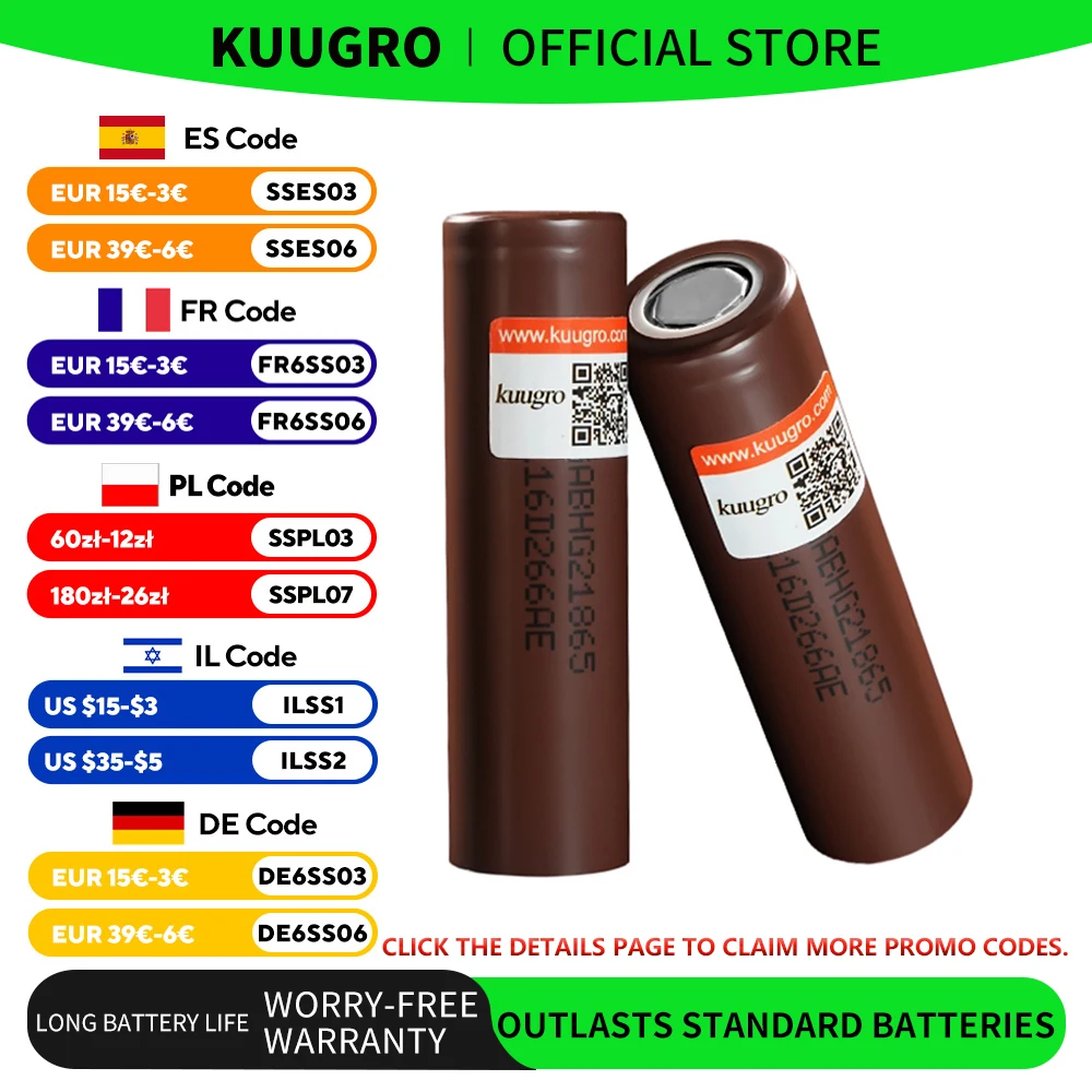 kuugro HG2 18650 3000mAh 3.7V Continuous Discharge 30A Rechargeable Batteries For Drone Power Tools
kuugro HG2 18650 3000mAh 3.7V Continuous Discharge 30A Rechargeable Batteries For Drone Power Tools