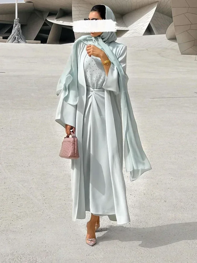 Eid 3 Piece Abaya Kimono Wrap Front Maxi Skirt Matching Set Women Muslim Hijab Dress Nida Beads Islam Dubai Turkey Outfit Kaftan
Eid 3 Piece Abaya Kimono Wrap Front Maxi Skirt Matching Set Women Muslim Hijab Dress Nida Beads Islam Dubai Turkey Outfit Kaftan