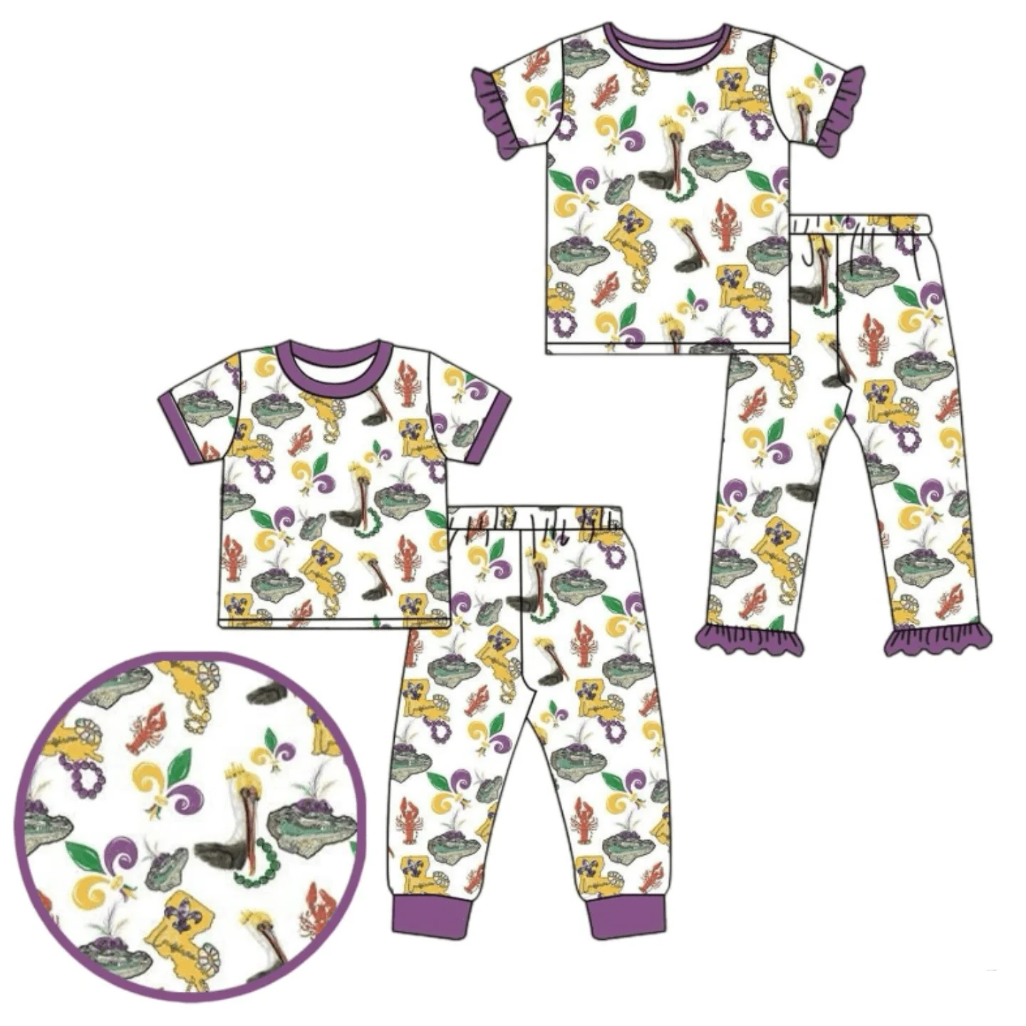 Mardi Gras New Clothing Hot-selling Purple Printed Short-sleeved Shirt and Long Pants Boys and Girls Boutique Set
Mardi Gras New Clothing Hot-selling Purple Printed Short-sleeved Shirt and Long Pants Boys and Girls Boutique Set