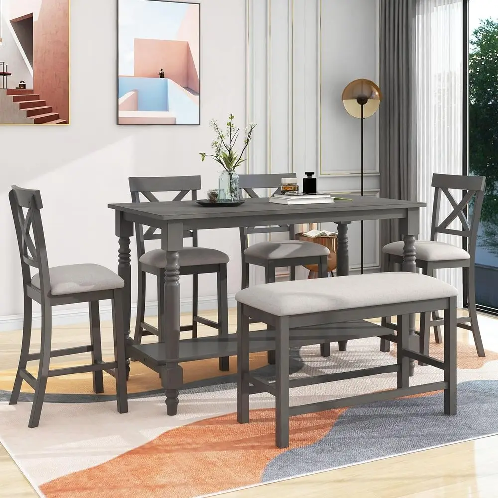 6-Piece Solid Wood Counter Height Dining Set with 60 Table, 4 Upholstered Chairs & Bench (Gray)
6-Piece Solid Wood Counter Height Dining Set with 60 Table, 4 Upholstered Chairs & Bench (Gray)