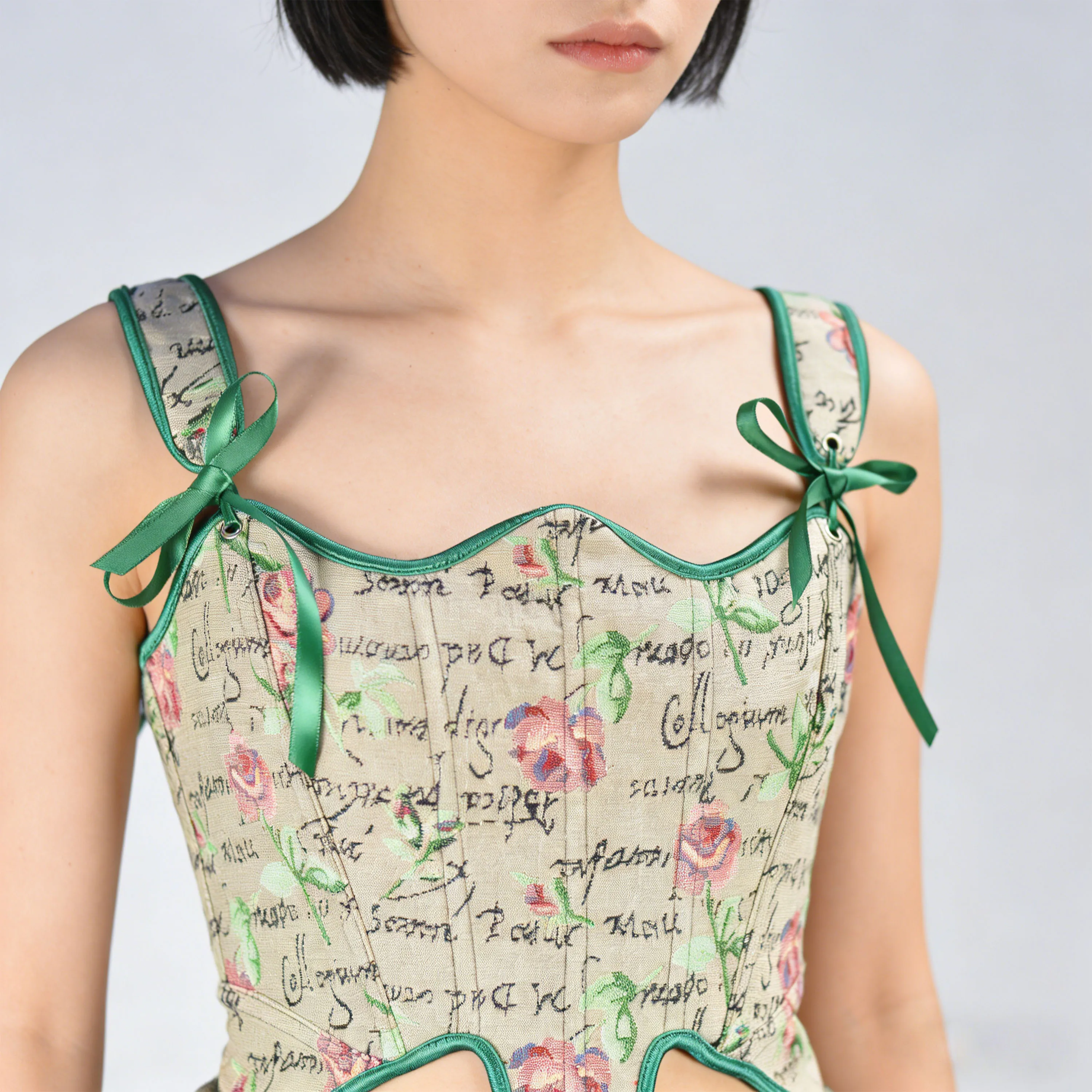 Vintage Rose & Letter Print Corset Top with Green Ribbon Bow Gothic Victorian Fishbone Bustier Waist Trainer for Women
Vintage Rose & Letter Print Corset Top with Green Ribbon Bow Gothic Victorian Fishbone Bustier Waist Trainer for Women