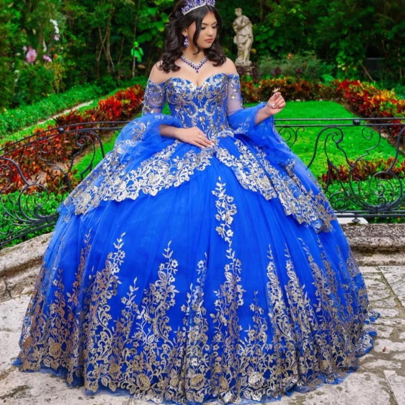 Royal Blue Quinceanera Dress off-shoulder Golden Glitter Crystal Decal Layering Long tail vestidos de 15 Quinceanera Customize
Royal Blue Quinceanera Dress off-shoulder Golden Glitter Crystal Decal Layering Long tail vestidos de 15 Quinceanera Customize