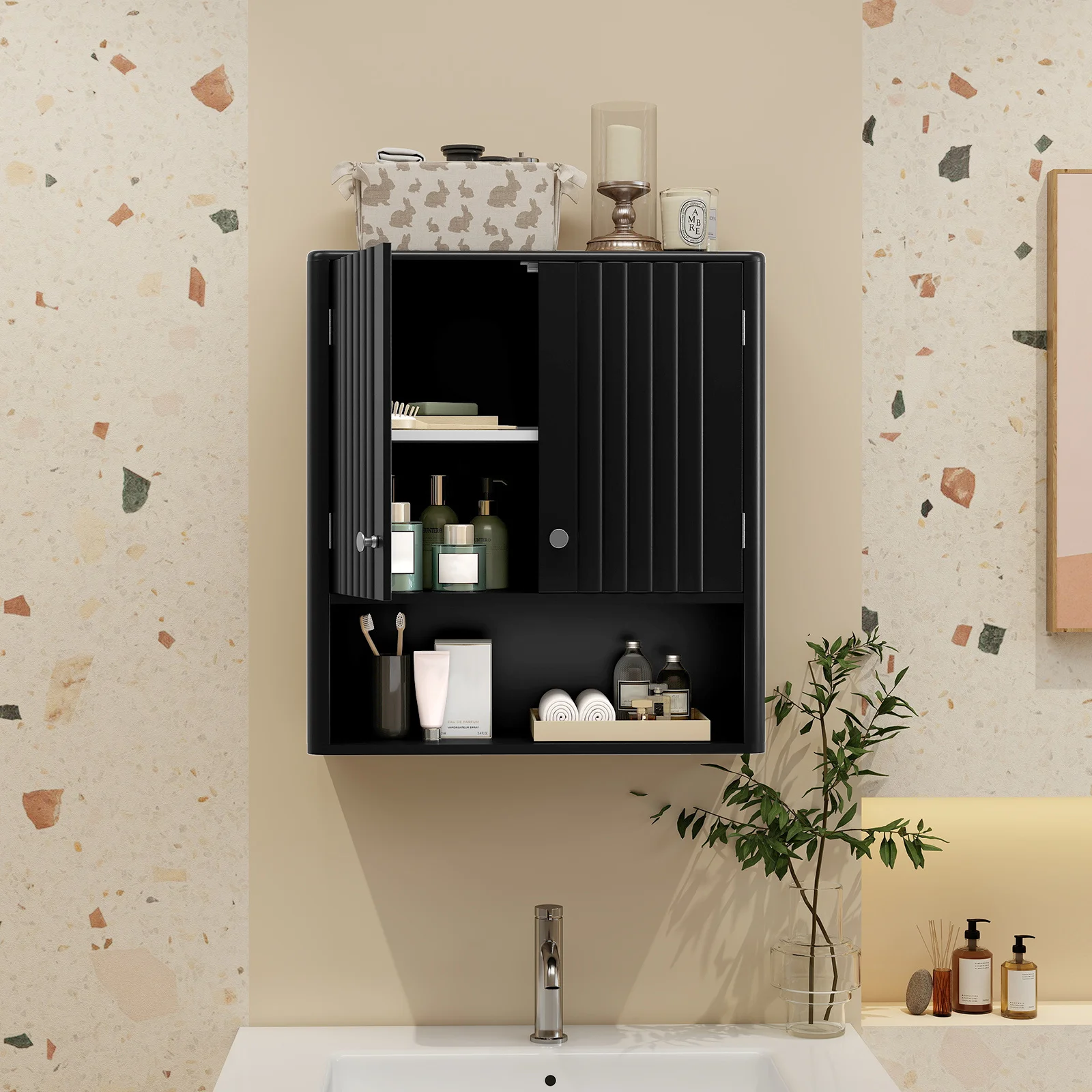 Wall-Mounted Bathroom Storage Unit, Hovering Above The Toilet, Featuring Ribbed Doors, a Shelf, an Open Storage Compartment
Wall-Mounted Bathroom Storage Unit, Hovering Above The Toilet, Featuring Ribbed Doors, a Shelf, an Open Storage Compartment