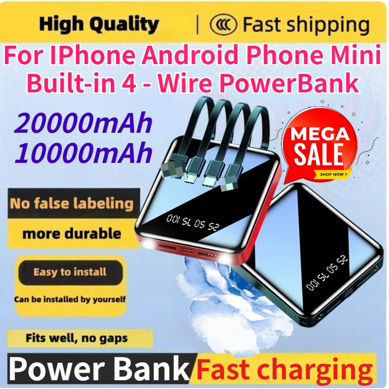 20000mAh 10000mAh 10W Mini Built-in 4 - Wire Power Bank for IPhone Android Phone Compact Lightweight and Thin PowerBank
20000mAh 10000mAh 10W Mini Built-in 4 - Wire Power Bank for IPhone Android Phone Compact Lightweight and Thin PowerBank
