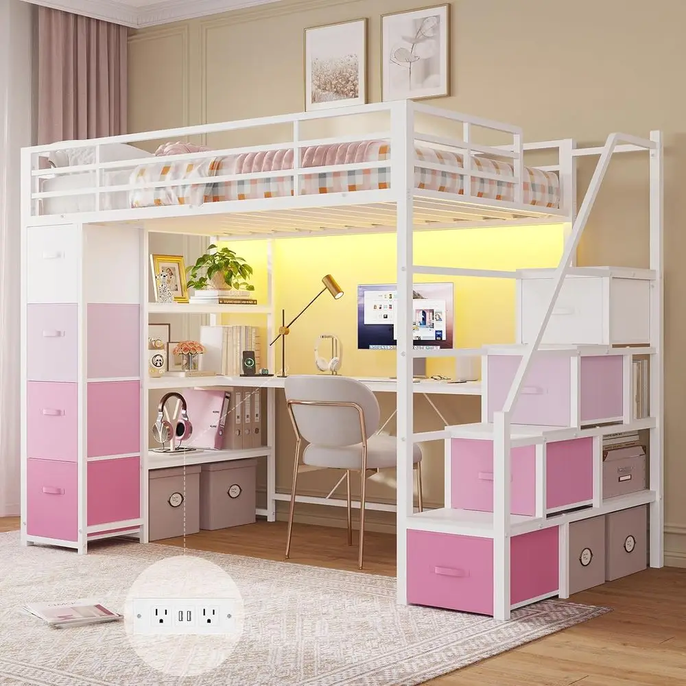 Twin Size Metal Bed with Storage Steps, Desk, Power Outlets, LED Lights, 8 Drawers, Open Shelves, Safety Rail, White & Pink
Twin Size Metal Bed with Storage Steps, Desk, Power Outlets, LED Lights, 8 Drawers, Open Shelves, Safety Rail, White & Pink