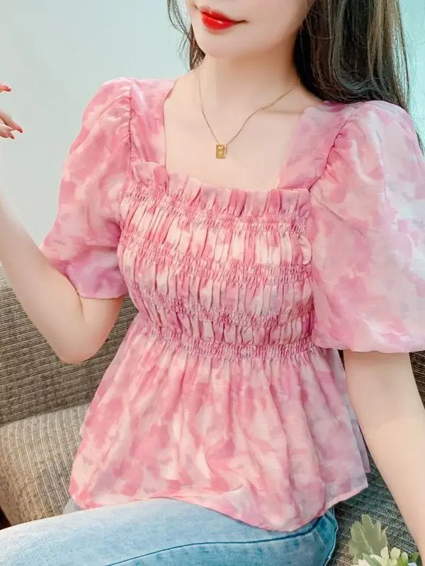Floral Print Bubble Sleeve Short Sleeve Shirt Women's Summer Fashion Square Collar Chiffon Top Versatile Backless Knot Folded...
Floral Print Bubble Sleeve Short Sleeve Shirt Women's Summer Fashion Square Collar Chiffon Top Versatile Backless Knot Folded...