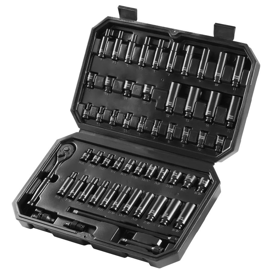 55-Piece Impact Socket Set 1/4 with Deep and Shallow Sockets in SAE 5/32-9/16 and Metric 4-15mm 6-Point CR-V Steel Construction
55-Piece Impact Socket Set 1/4 with Deep and Shallow Sockets in SAE 5/32-9/16 and Metric 4-15mm 6-Point CR-V Steel Construction