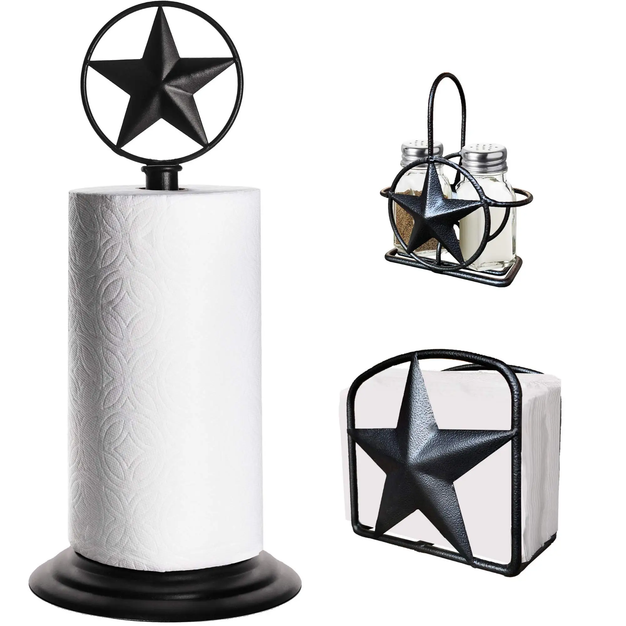 Black Rustic Texas Star Iron Paper Towel Holder Napkin And Salt Pepper Shaker Set
Black Rustic Texas Star Iron Paper Towel Holder Napkin And Salt Pepper Shaker Set