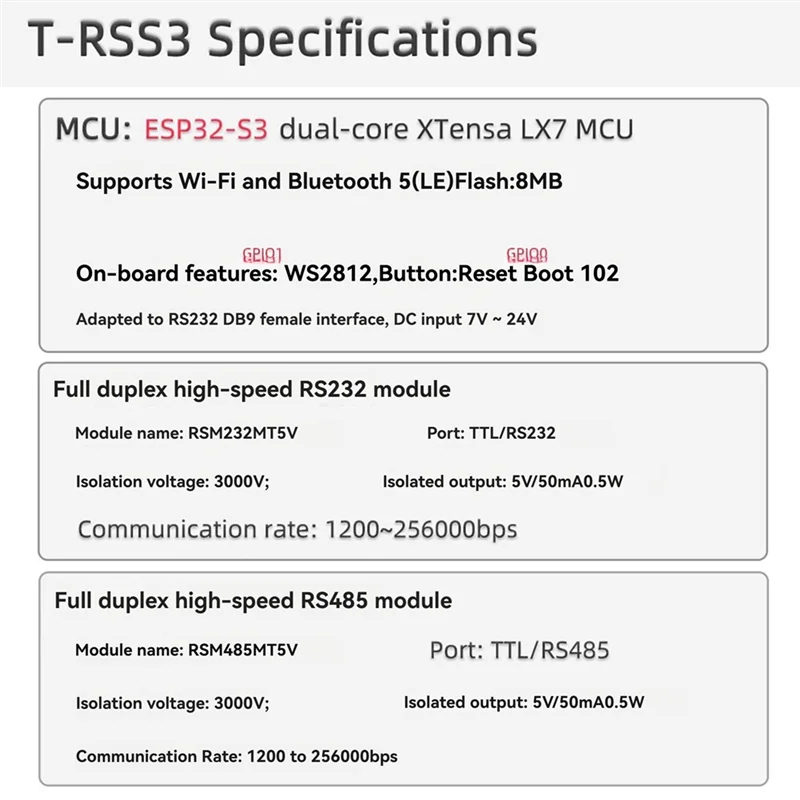 Подходит для макетной платы T-RSS3 ESP32-S3 RS232 RS485 5 В, встроенный модуль WS2812 Wi-Fi Bluetooth 5,0 типа C RSM232MT5V RSM485MT5
Подходит для макетной платы T-RSS3 ESP32-S3 RS232 RS485 5 В, встроенный модуль WS2812 Wi-Fi Bluetooth 5,0 типа C RSM232MT5V RSM485MT5