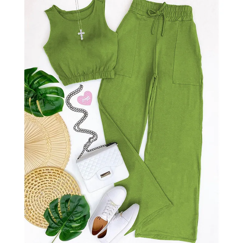 Europe Women's 2023 New Sweet Solid Short Tank Top Drawstring High Waist Straight Trousers Fashion Casual women Set
Europe Women's 2023 New Sweet Solid Short Tank Top Drawstring High Waist Straight Trousers Fashion Casual women Set