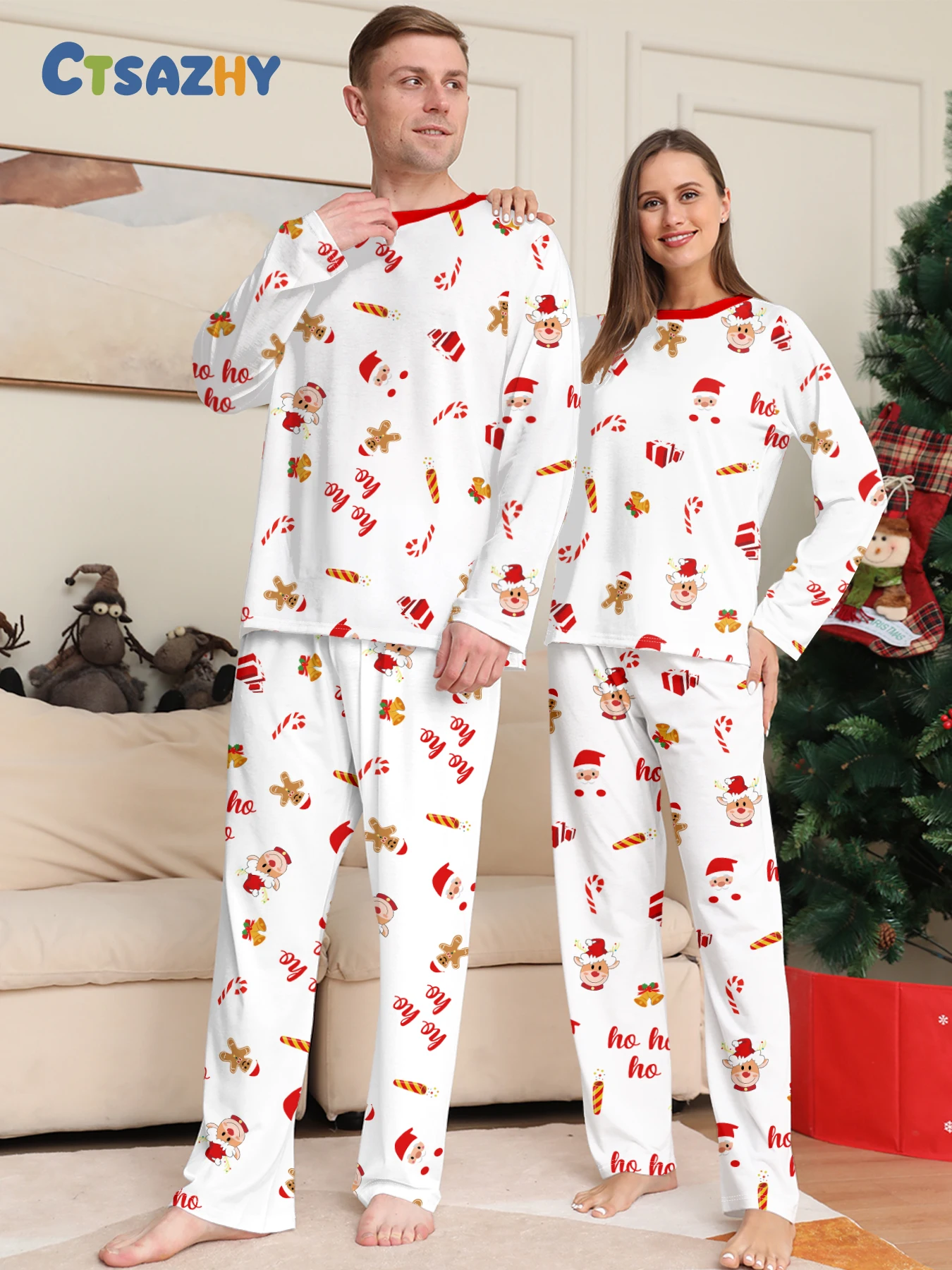 Christmas Couple Pajamas Set Santa Claus Gingerbread Man Candy Cane "Ho Ho Ho" Print Red Trim White Long Sleeve Sleepwear
Christmas Couple Pajamas Set Santa Claus Gingerbread Man Candy Cane "Ho Ho Ho" Print Red Trim White Long Sleeve Sleepwear
