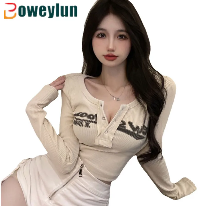 Boweylun Spring Inside Short Sexy Long Sleeve Women Letter Button Slim Casual Crew Neck Top T-Shirt Girls
Boweylun Spring Inside Short Sexy Long Sleeve Women Letter Button Slim Casual Crew Neck Top T-Shirt Girls