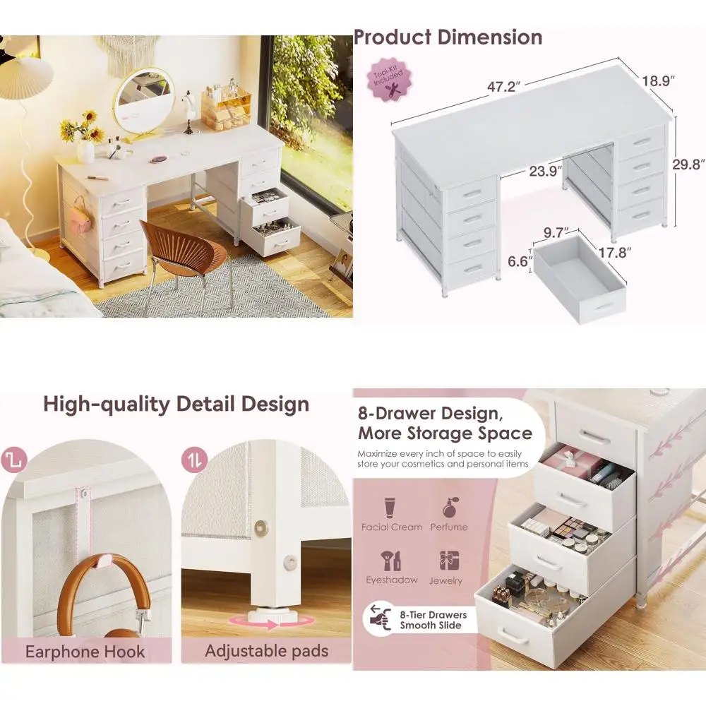 48 Inch Vanity Desk with 8 Drawers: Elegant Makeup & Bedroom Storage, Perfect for Home Office or Study in White
48 Inch Vanity Desk with 8 Drawers: Elegant Makeup & Bedroom Storage, Perfect for Home Office or Study in White