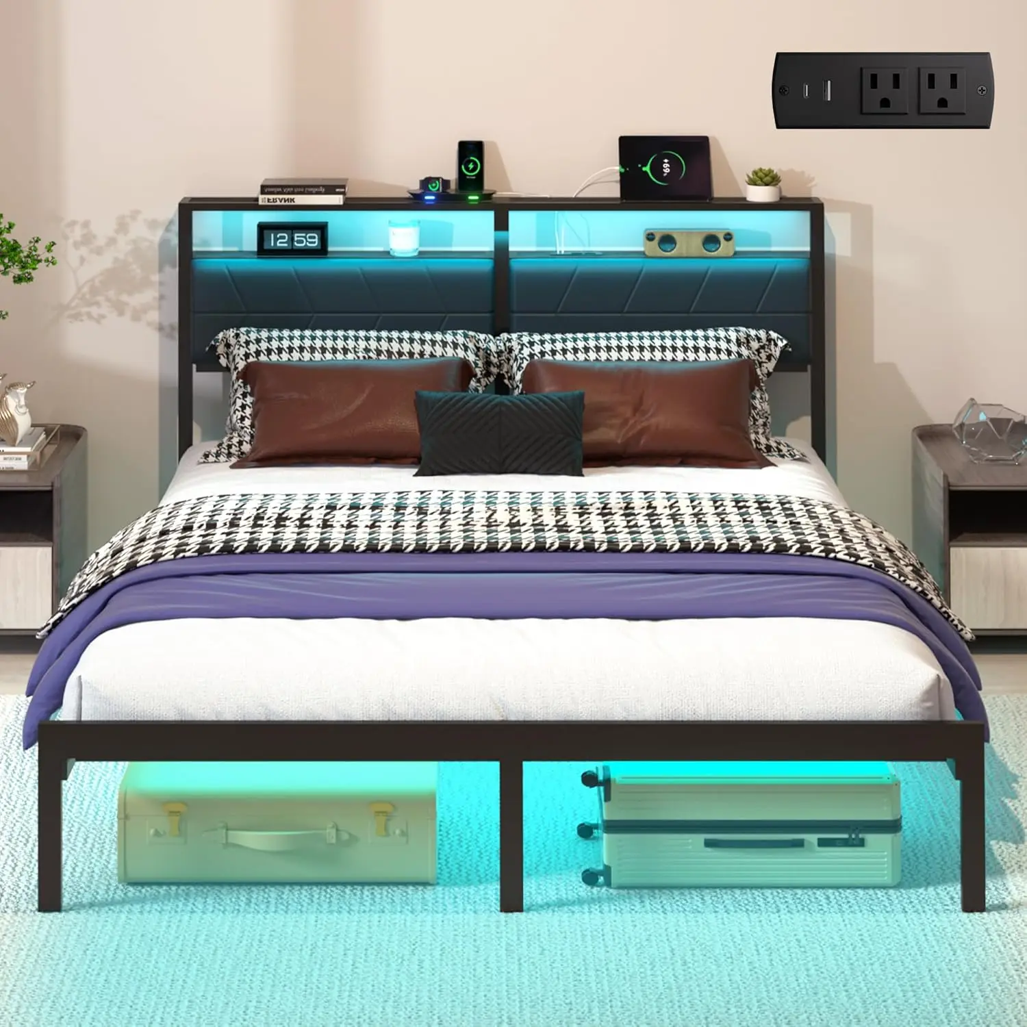 Queen Bed Frame With Led Lights & Charging Station, Metal Platform Bed Frame With 2 Tier Storage Headboard, Under Bed Storage,
Queen Bed Frame With Led Lights & Charging Station, Metal Platform Bed Frame With 2 Tier Storage Headboard, Under Bed Storage,