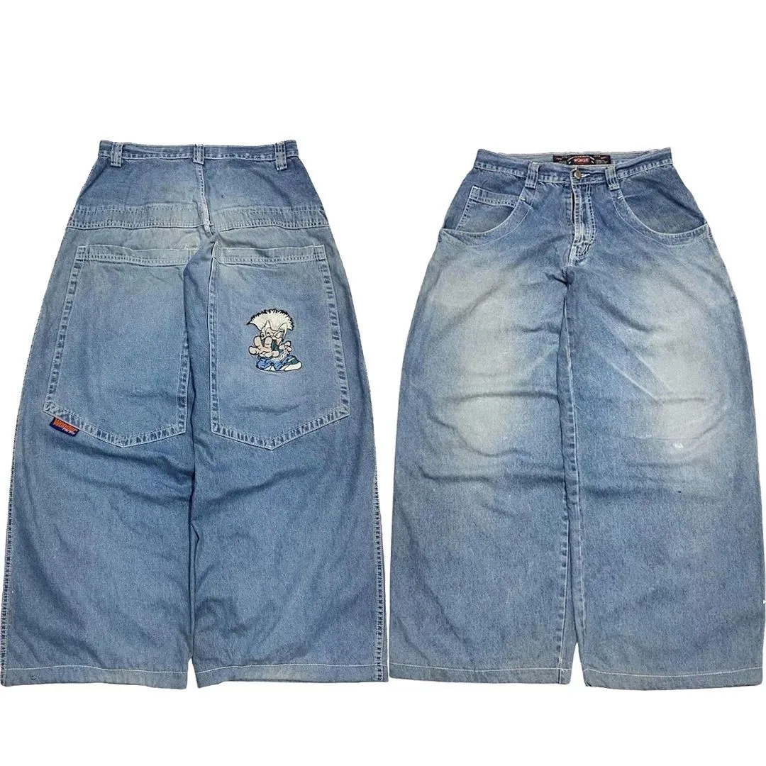 New American JNCO Light Blue Embroidered Anime Wide Leg Jeans Men's Casual Five-Quarter Length Denim Pants Autumn 2024
New American JNCO Light Blue Embroidered Anime Wide Leg Jeans Men's Casual Five-Quarter Length Denim Pants Autumn 2024