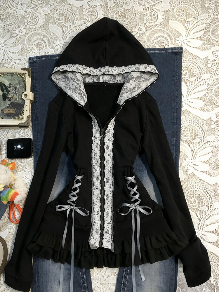 BaoYao Girl Original Black Lace Patchwork Hoodie Jacket Women's Spring Autumn Vintage Retro Style Slim Fit Cotton Blend
BaoYao Girl Original Black Lace Patchwork Hoodie Jacket Women's Spring Autumn Vintage Retro Style Slim Fit Cotton Blend
