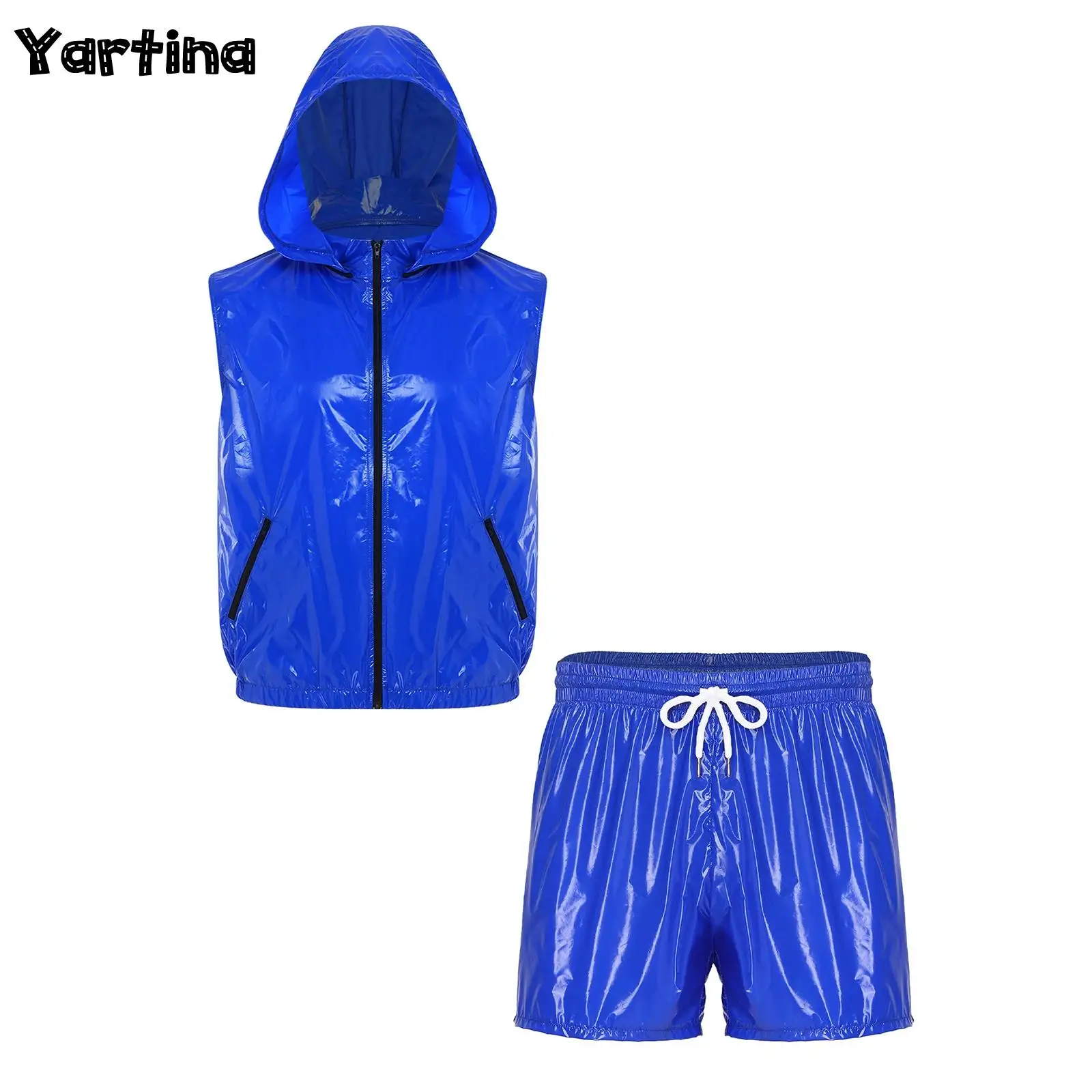 Mens Waterproof Tracksuit Glossy Shiny Sweatwear Fitness Sleeveless Front Zipper Vest with Hood And Built-in Briefs Boxer Shorts
Mens Waterproof Tracksuit Glossy Shiny Sweatwear Fitness Sleeveless Front Zipper Vest with Hood And Built-in Briefs Boxer Shorts