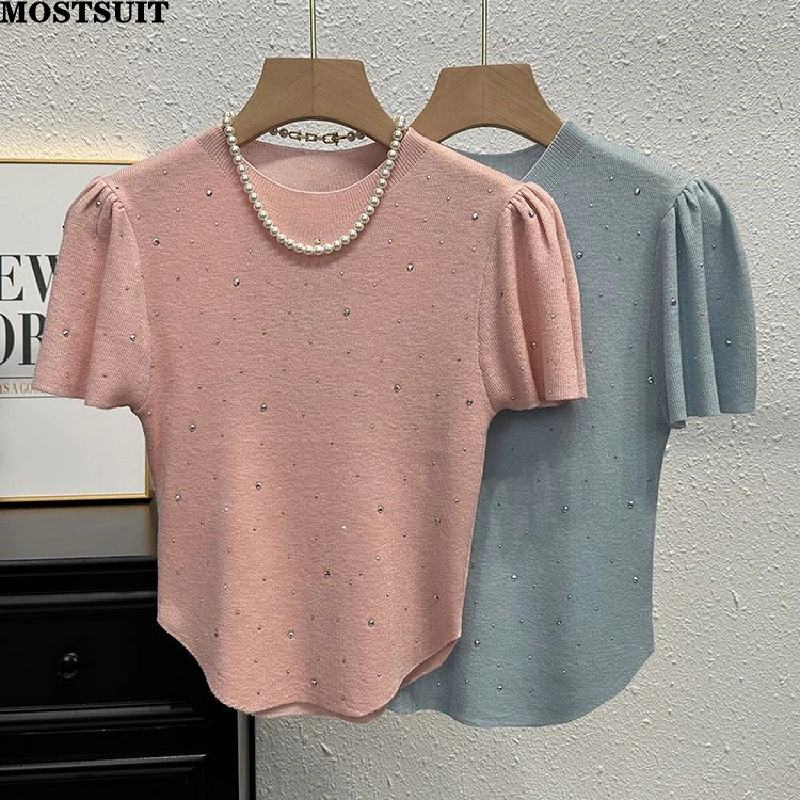 Rhinestones Knit Sweater Tees Women 2025 Summer Puff Sleeve O-neck Elegant Ladies Tops Knitwear Korean Fashion Chic Jumpers
Rhinestones Knit Sweater Tees Women 2025 Summer Puff Sleeve O-neck Elegant Ladies Tops Knitwear Korean Fashion Chic Jumpers