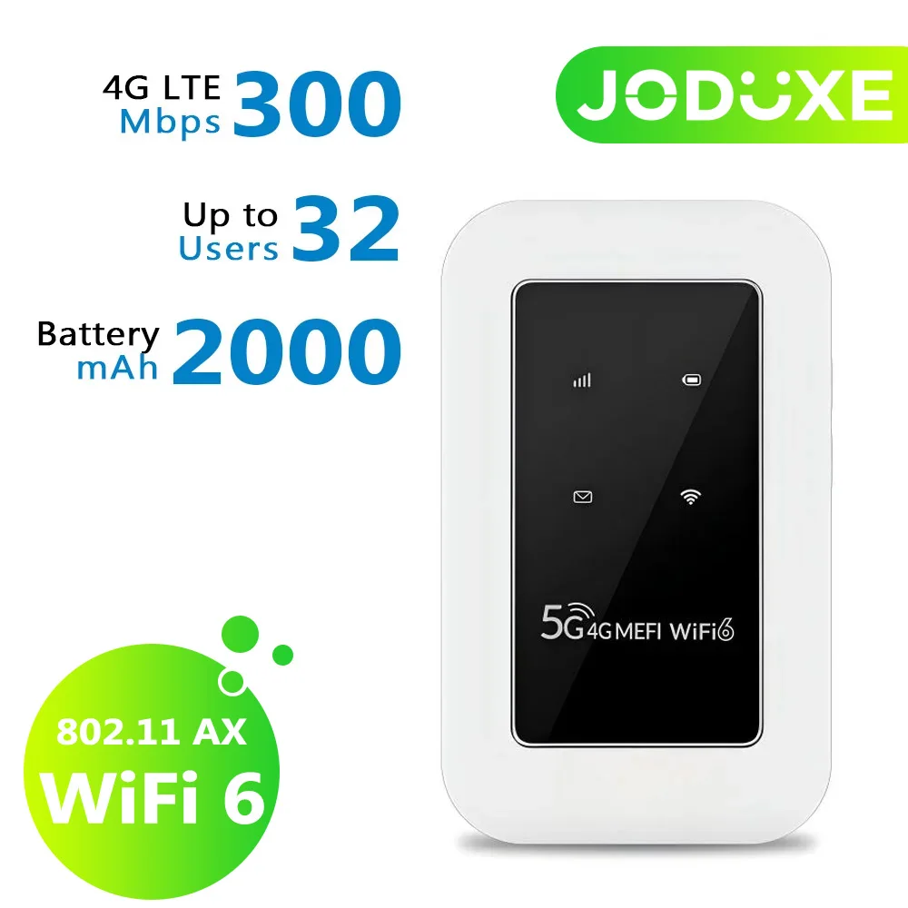 JODUXE WiFi 6 Router with 2100mAh Battery Supports up to 32 Users High Speed 300Mbps Wireless Network Device
JODUXE WiFi 6 Router with 2100mAh Battery Supports up to 32 Users High Speed 300Mbps Wireless Network Device