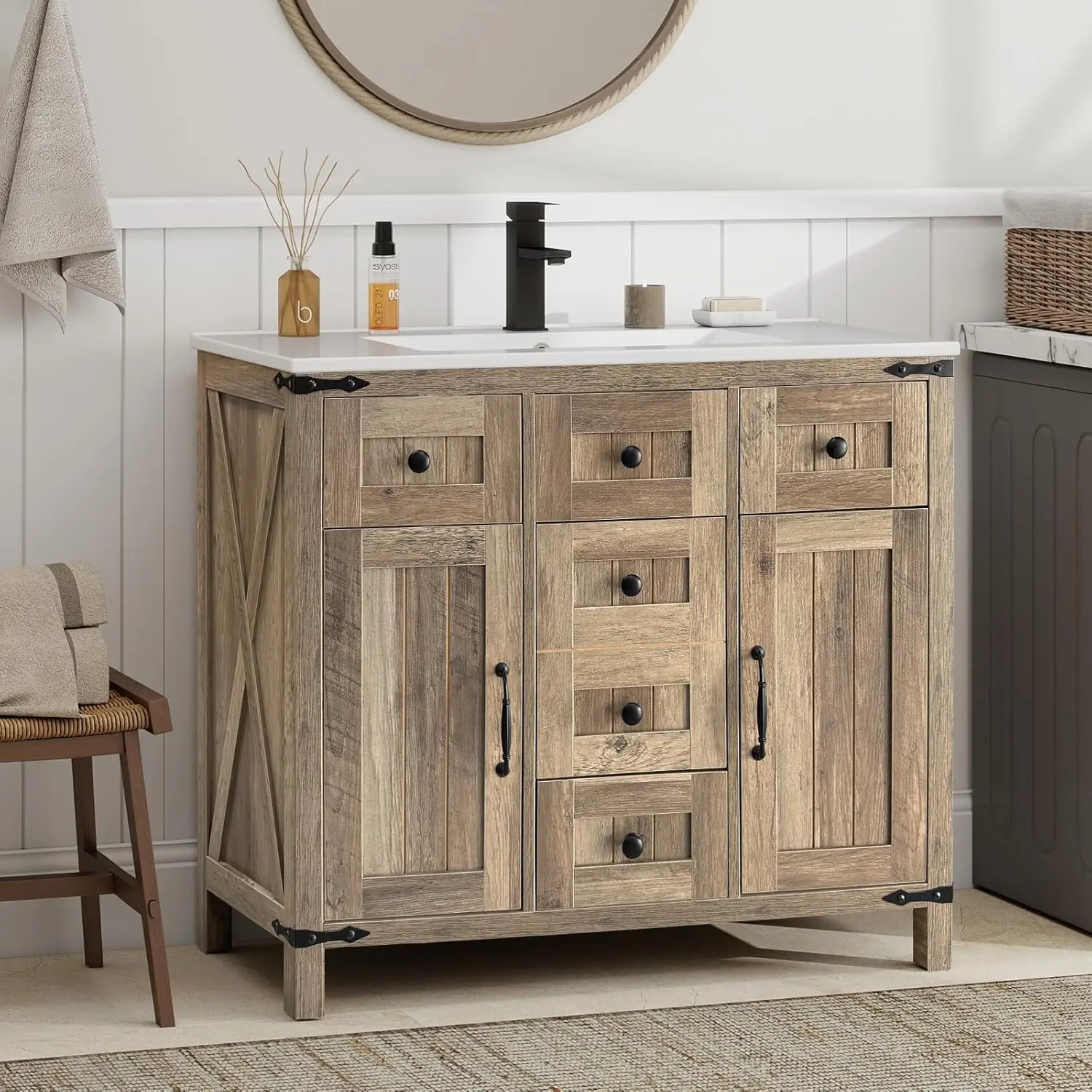 36 Farmhouse Bathroom Vanity Sink Combo Rustic Cabinet Ceramic Undermount Faucet 4 Drawers Adjustable Shelf Brown, Customized
36 Farmhouse Bathroom Vanity Sink Combo Rustic Cabinet Ceramic Undermount Faucet 4 Drawers Adjustable Shelf Brown, Customized