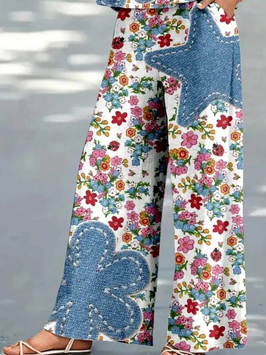 Women Floral Print Denim Applique Loose Wide Leg Pants Two Piece Set
Women Floral Print Denim Applique Loose Wide Leg Pants Two Piece Set