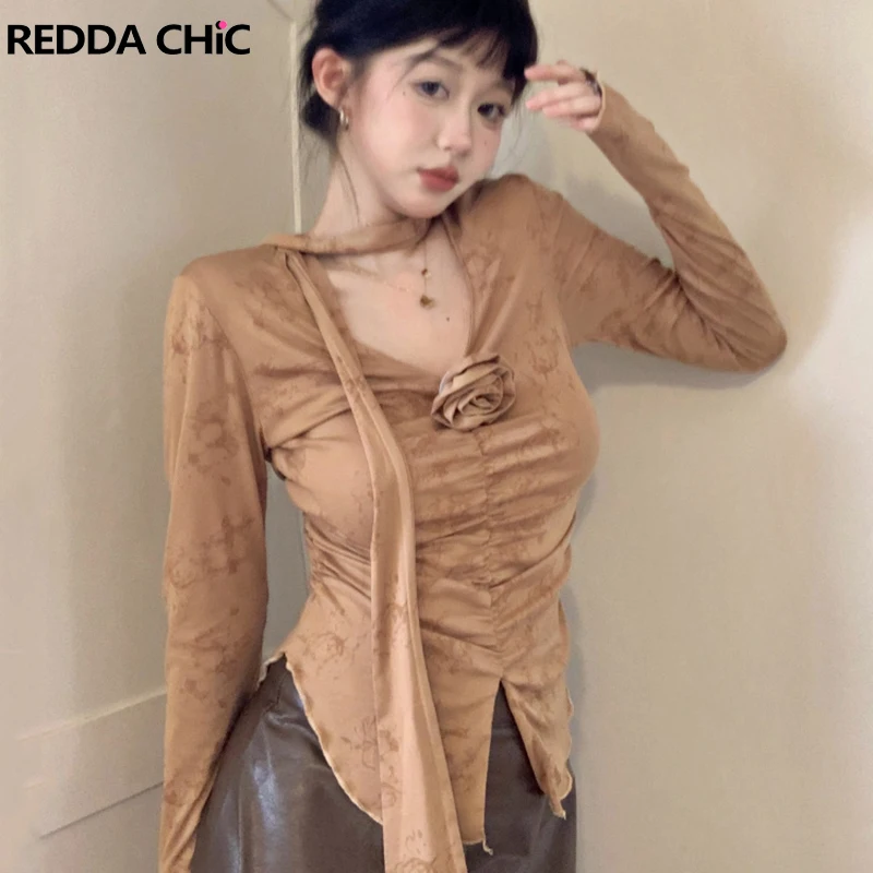 ReddaChic Split Ruched V-neck Crop Top with Flower Khaki Autumn Casual Long Sleeves T-shirt Y2k Vintage Korean Women Streetwear
ReddaChic Split Ruched V-neck Crop Top with Flower Khaki Autumn Casual Long Sleeves T-shirt Y2k Vintage Korean Women Streetwear