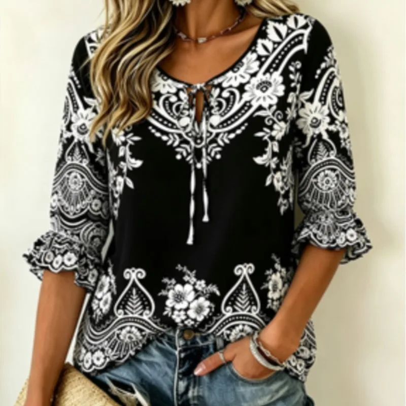 Women's Boho Floral Paisley Print Blouse, Tie Neck 3/4 Flare Sleeve Casual Loose Tunic for Daily Vacation Wear
Women's Boho Floral Paisley Print Blouse, Tie Neck 3/4 Flare Sleeve Casual Loose Tunic for Daily Vacation Wear