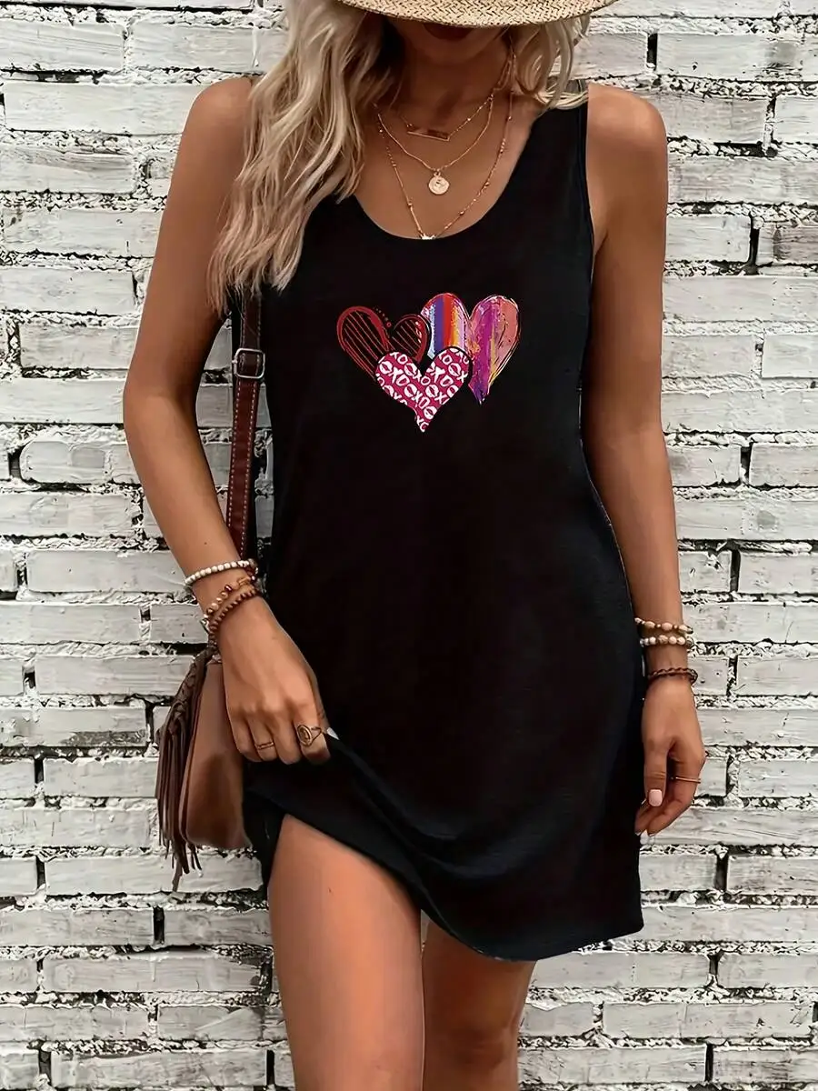 Womens Sleeveless Loose Tank Dress With Heart Print Black Summer Casual Dress
Womens Sleeveless Loose Tank Dress With Heart Print Black Summer Casual Dress