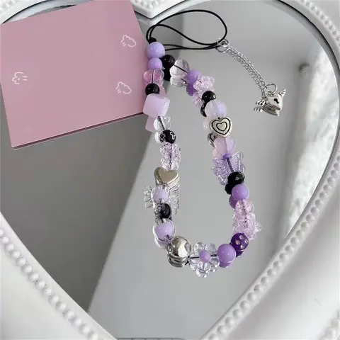 INS หวาน Cool น่ารักหัวใจรักผีเสื้อสีม่วงลูกปัดสําหรับ iPhone Charm สายคล้องคอสําหรับผู้หญิงแขวนเชือก Anti-lost Lanyard Jew