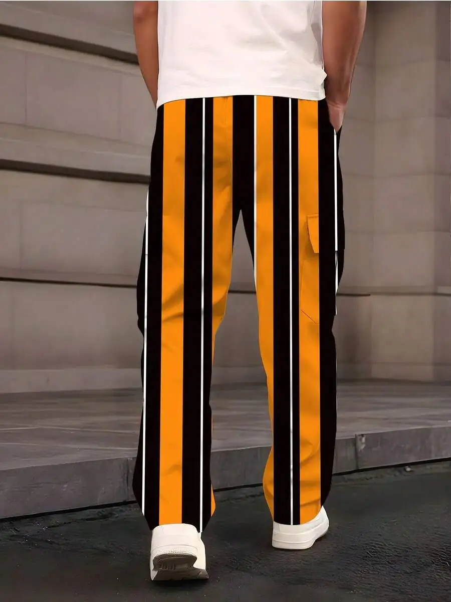 Mens Casual Straight Leg Pants With Vertical Stripes Black Orange White Elastic Drawstring Waist Multi Pocket
Mens Casual Straight Leg Pants With Vertical Stripes Black Orange White Elastic Drawstring Waist Multi Pocket