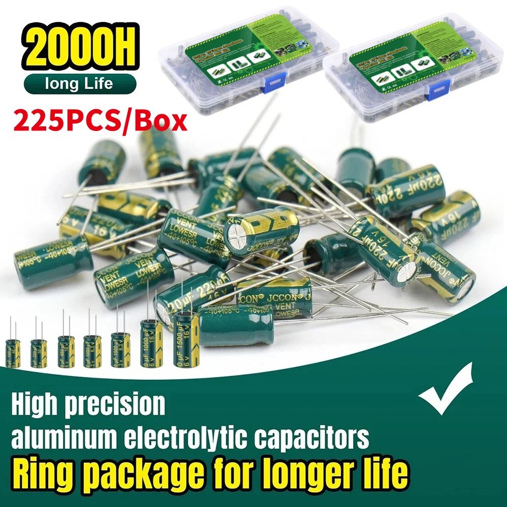 225 шт. алюминиевых электролитических конденсаторов, набор алюминиевых электролитических конденсаторов для DIY-проектов, 16–50 В, в коробке
225 шт. алюминиевых электролитических конденсаторов, набор алюминиевых электролитических конденсаторов для DIY-проектов, 16–50 В, в коробке