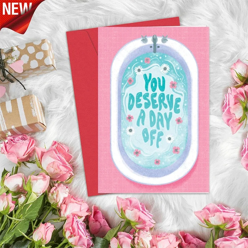 You Deserve A Day Off Bathtub Print Greeting Card, Relaxation Themed Encouragement Card for Friends Family
You Deserve A Day Off Bathtub Print Greeting Card, Relaxation Themed Encouragement Card for Friends Family