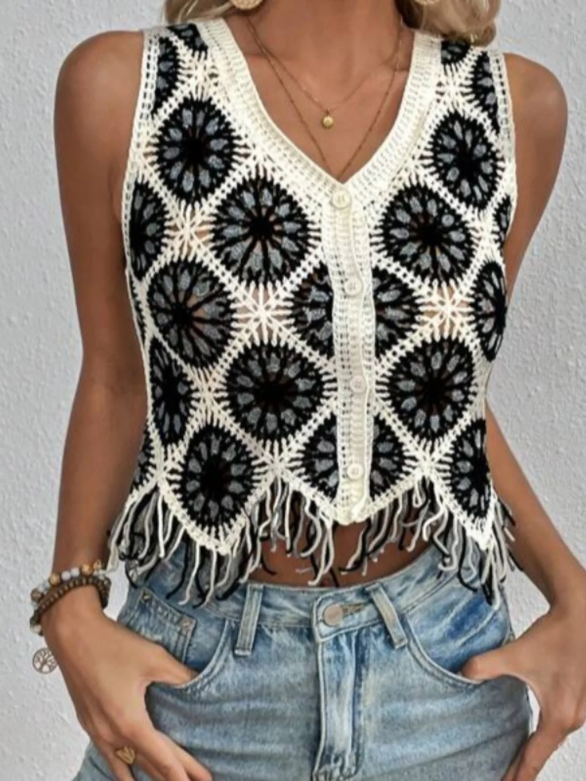 Весна-лето ort V-Ne вязаный крючок с цветочным узором и одной пуговицей, нерегулярная бахрома, женский топ из полиэфирного волокна
Весна-лето ort V-Ne вязаный крючок с цветочным узором и одной пуговицей, нерегулярная бахрома, женский топ из полиэфирного волокна