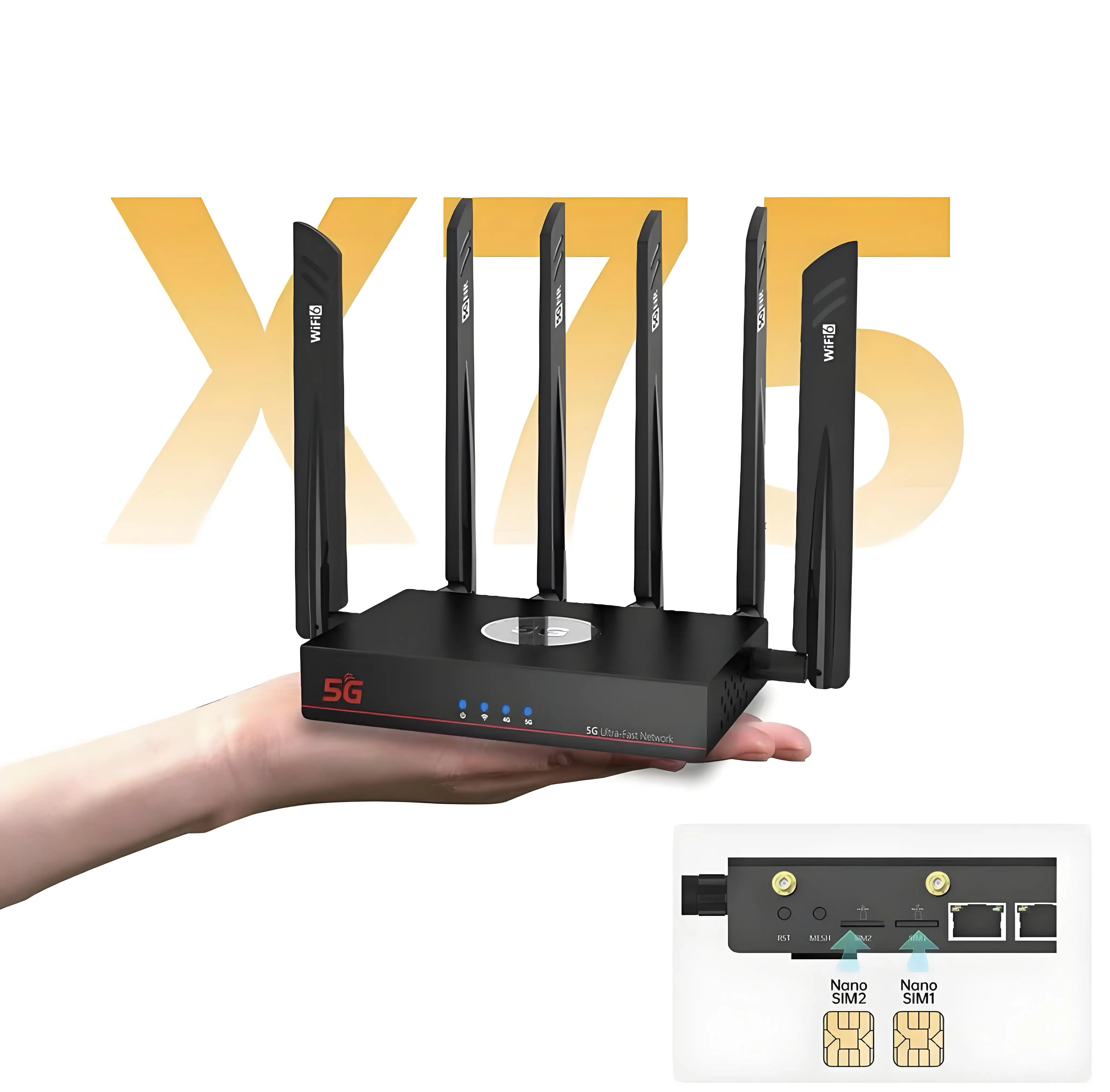 5G Sim Modem Router with RM551 SDX75 Modules MT7986 AX6000 Mesh WIFI 6 dual band 2.5G Port cooling fan dual sim card slot
5G Sim Modem Router with RM551 SDX75 Modules MT7986 AX6000 Mesh WIFI 6 dual band 2.5G Port cooling fan dual sim card slot