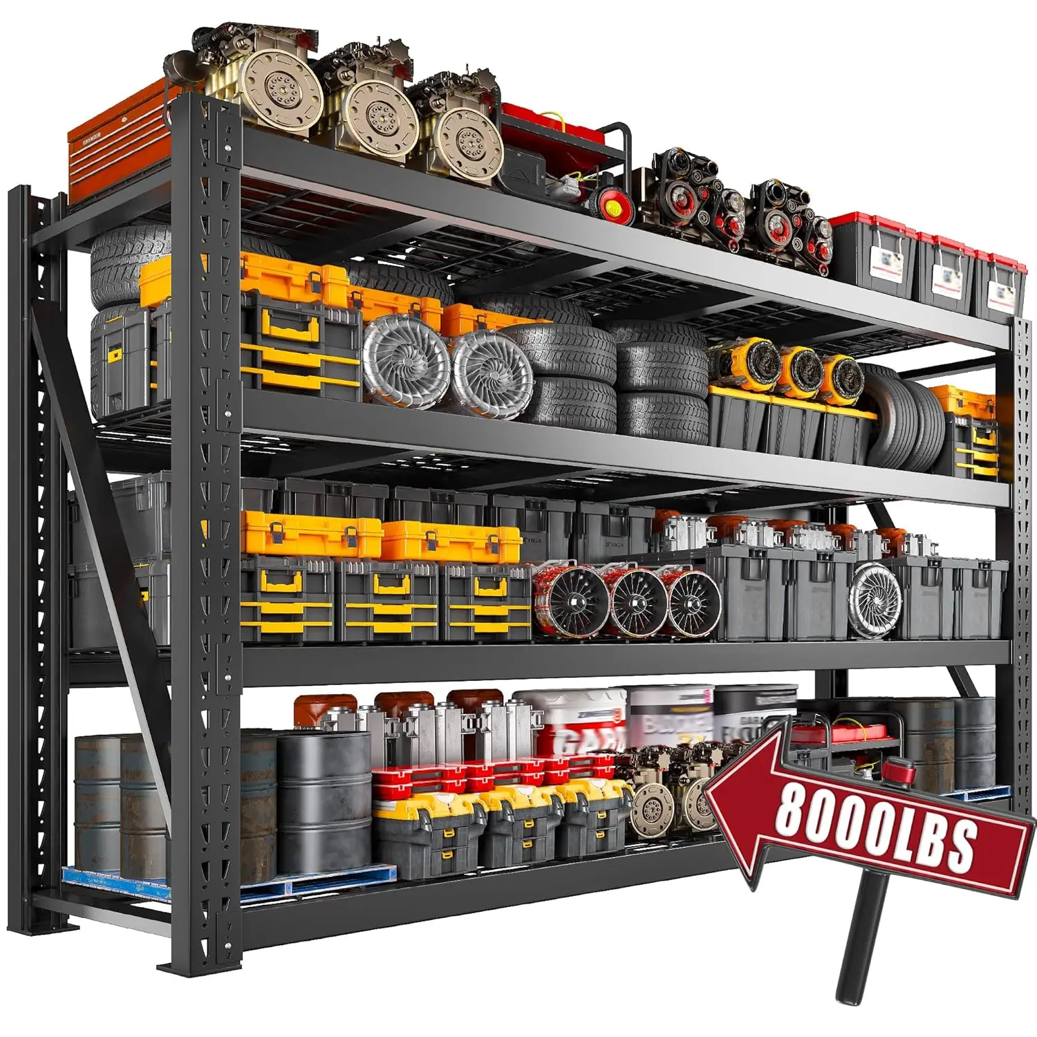 77"W 8000LBS 4-Tier Adjustable Metal Garage Shelving Unit Large Steel Storage Rack for Basement Warehouse 24"D x 72"H, Custom
77"W 8000LBS 4-Tier Adjustable Metal Garage Shelving Unit Large Steel Storage Rack for Basement Warehouse 24"D x 72"H, Custom